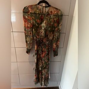 Floral sheer ruched waist long dress with nude slip